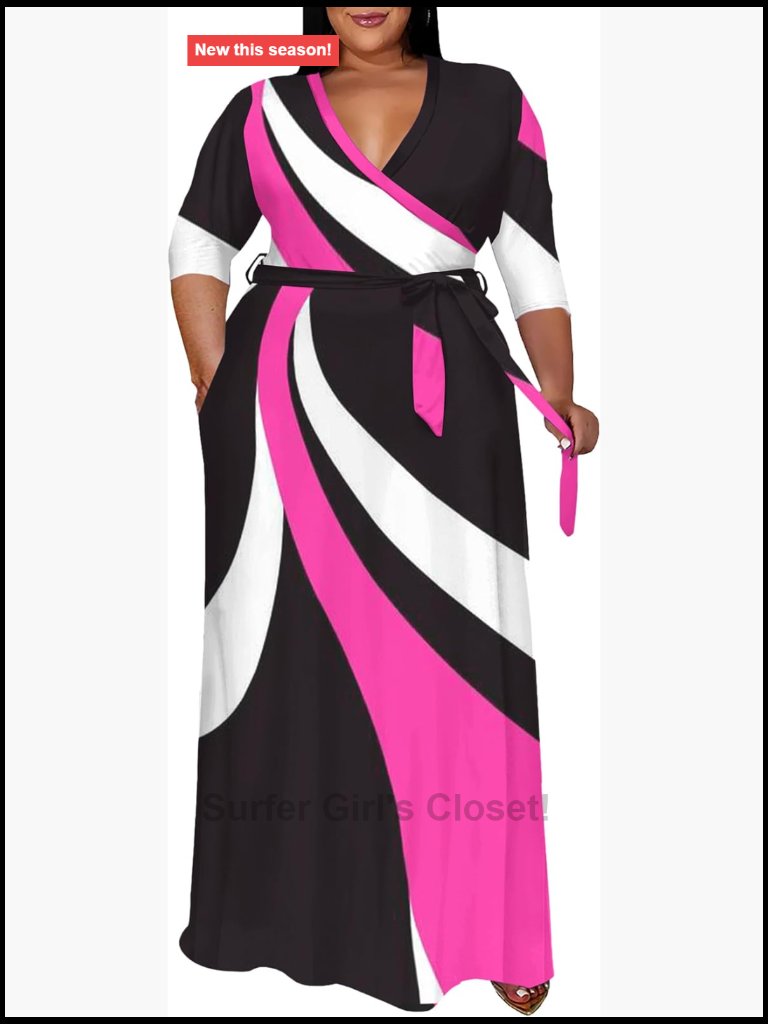Plus Size Maxi Dress With Pockets 3/4 Sleeve V-Neck Flowy Belted Dress